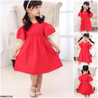 MBB02156 夏季新款童裝紅色露肩短袖連衣裙